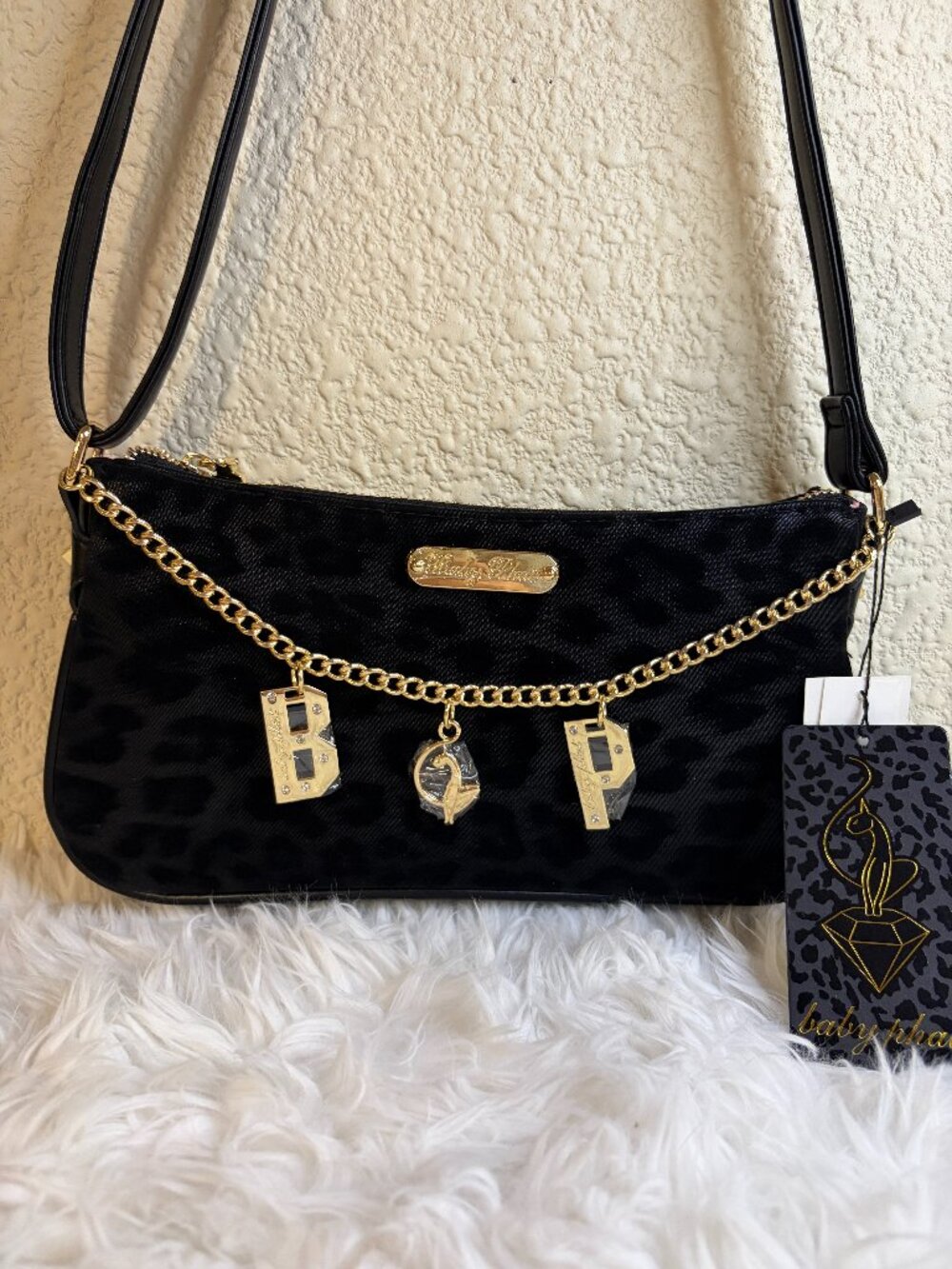 Baby Phat Black Leopard Shoulder Bag Gold Chain Rhinestone Charms NWT